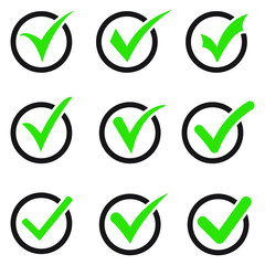 Green tick icon vector symbol, checkmark isolated on white background, checked icon or correct choice sign, check mark or checkbox pictogram