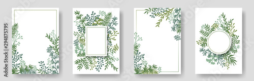 Photographie Rustic invitation cards with herbal twig branches wreath and corners border frames