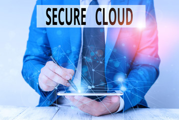 Poster - Text sign showing Secure Cloud. Business photo showcasing Protect the stored information safe Controlled technology Male human wear formal work suit presenting presentation using smart device