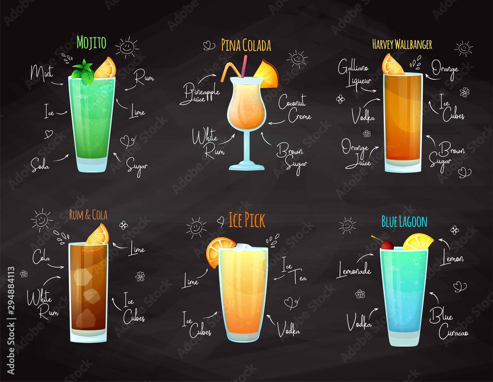 Recipes for different cocktails. Mojito, Pina Colada, Blue Lagoon and others. Vector - obrazy, fototapety, plakaty 