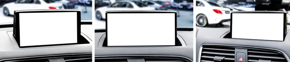 Set of Monitor in car with isolated blank screen use for navigation maps and GPS. Isolated on white with clipping path. Car detailing. Modern car interior details.
