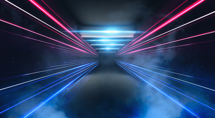abstract blue background with neon rays. abstract light tunnel, corridor, portal. rays of neon light