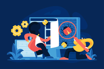 Poster - bug fixing and quality control vector illustration. system errors search, software security assuranc