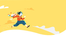 The School Is Over. A Happy School Boy Running Towards His Dreams With Clear Sky Background. Vector Illustration