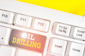 Poster - Word writing text Oil Drilling. Business photo showcasing involves the drilling and pumping of oil from underground wells White pc keyboard with empty note paper above white background key copy space