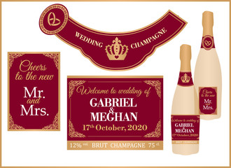 Wedding royal champagne set of labels on full and mini bottle. Deep dark red color for luxury, VIP premium celebration. Printable personalised with any name, message, date. Sparkly gold brut. Cheers!