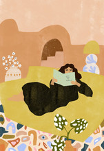 Illustration Of Woman Reading Book On Couch