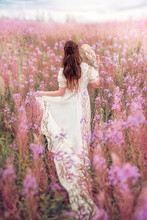 Woman With Owl On Her Shoulder Holding Dress And Go To Field Of Pink Flowers.