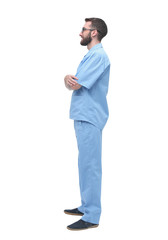 side view. men doctor looking at copy space.