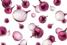 Falling Red Onion Isolated On White Background, Selective Focus