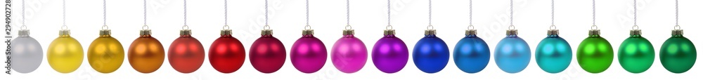 Christmas balls baubles banner color colorful decoration in a row isolated on white - obrazy, fototapety, plakaty 