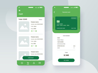 Poster - Conceptual mobile phone screen mock-up for application interface presentation. User interface design template in green colors. Online payment GUI concept isolated on grey background. Vector eps 10.