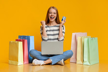 Beautiful Girl Excited After Successful Online Shopping.