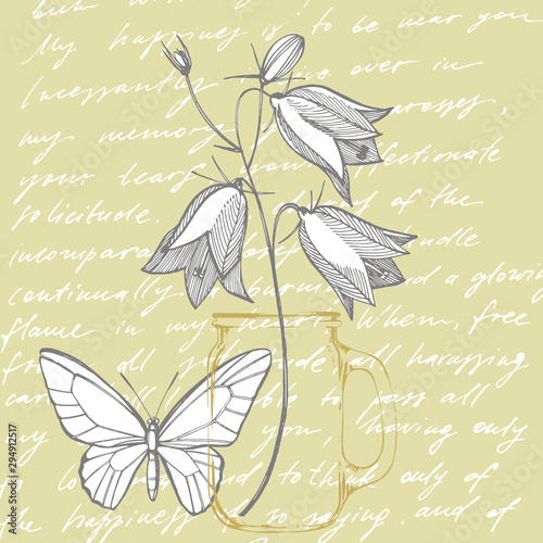 Bellflower blossoms, leaves and bouquets set. Natural summer, spring meadow p...