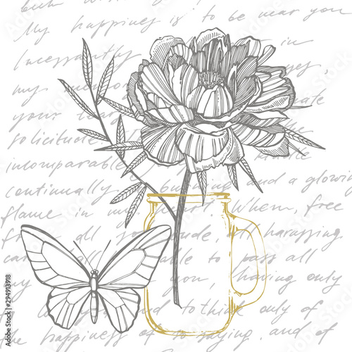 Peony flower and leaves drawing. Hand drawn engraved floral set. Botanical il...