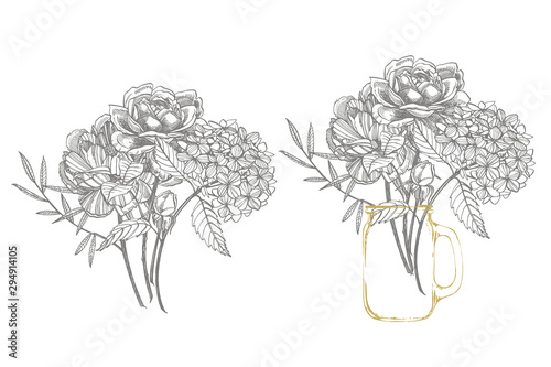 Bouquet. Spring Flowers and twigs. Peonies, Hydrangea, Rose. Vintage botanica...