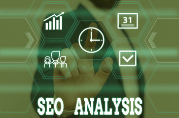Poster - writing note showing seo analysis. business concept for tool helps showing to study on how to improv