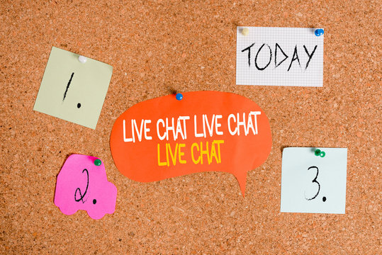 Word writing text Live Chat Live Chat Live Chat. Business photo showcasing talking with showing friends relatives online Corkboard color size paper pin thumbtack tack sheet billboard notice board