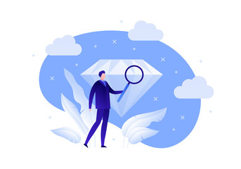 Vector flat business idea people illustration. Businessman in suit with magnifier study gem on blue background. Concept of brilliant creativity, ideas. Design element for banner, poster, infographic