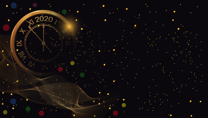 Happy New Year 2020 and Christmas glow black background with golden clock. Bright Xmas banner. Vector