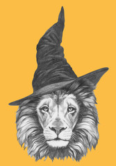 Portrait of Lion with witch hat. Halloween. Hand-drawn illustration. Vector