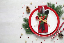Christmas Table Setting On White Background, Flat Lay
