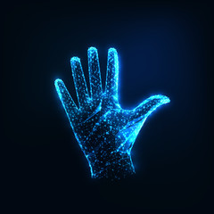 Wall Mural - Futuristic glowing low polygonal raised open female hand isolated on dark blue background.