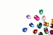 Different Beautiful Gemstones On White Background, Top View