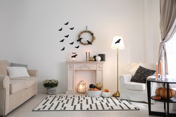 Modern room decorated for Halloween. Idea for festive interior