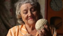 Elderly Smile Woman With Yarn Wool Ball