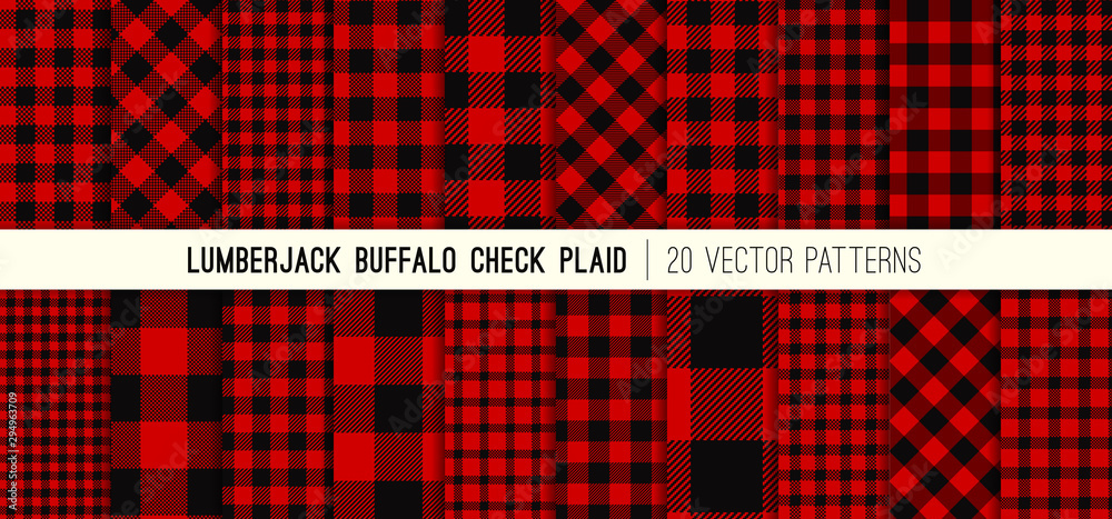 Lumberjack Red and Black Buffalo Check Plaid Vector Patterns. Rustic Christmas Backgrounds. Pack of 20 Hipster Flannel Shirt Fabric Textures of Different Styles. Repeating Pattern Tile Swatches Incl - obrazy, fototapety, plakaty 