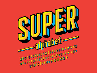 superhero comic style vector font with uppercase, lowercase, numbers and symbols