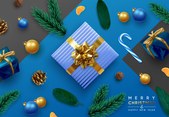 Poster - Merry Christmas and Happy New Year. Festive background with realistic design elements. Christmas objects, gift box, decorative pine branches, pine cone, bauble, Xmas ball. flat lay, top view
