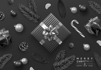 Poster - Merry Christmas and Happy New Year. Festive background with realistic design elements. Christmas objects, gift box, decorative pine branches, pine cone, bauble, Xmas ball. flat lay, top view