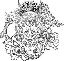 Japanese Demon's Mask Tattoo Design Full Back Body.The Oni Mask With Water Splash And Peony Flower,cherry Blossom And Peach Blossom On Cloud Background.