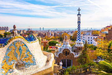 Panoramic view of Park Guell in Barcelona, Catalunya Spain.