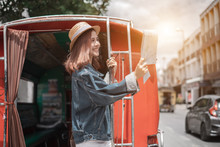 Smiling Woman Traveler In Thapae Gate Landmark Chiangmai Thailand Standing On The Red Bus With Backpack On Holiday, Relaxation Concept, Travel Concept