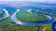 Aerial Photography Of Landscape In Western Siberia. Agan River, Tributary Of Ob River.