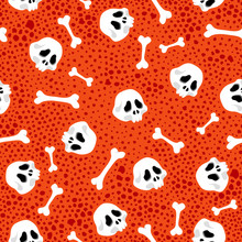Bones And Skulls On Orange Background Seamless Pattern. Halloween Spooky Pattern. Halloween Seamless Pattern. 