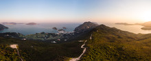 Aerial View Of The Sunset Over The Famous Dragon's Back Hiking Trail And The Shek O Village In The Wild South Part Of Hong Kong Island