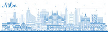 Outline Milan Italy City Skyline With Blue Buildings.