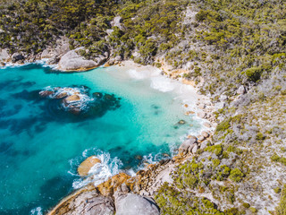 Wall Mural - Aerial drone perspective of Little Beach, Albany, Western Australia. This paradise is found in southern Australia with large waves and giant boulders