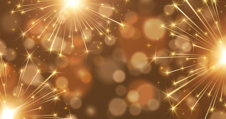 Fireworks and bokeh lights effect background. Vector golden New Year rockets or Christmas bokeh sparkle banner.