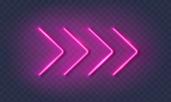 Neon arrow lamp wall sign isolated on transparent background. Vector pink power glowing bulb banner, light line element.