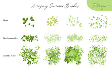set of summer vector foliage ecology brushes - silhouettes of summer leaves, foliage of trees, diffe