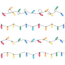 Watercolor Christmas Lights. Colorful Festive Garlands. Hand Drawn Illustration For Cards, Posters, Prints And Other Design.