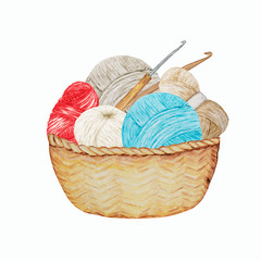 Blue red gray beige Crocheting Knitting Shop Logotype, Branding, Avatar composition of yarns balls, crochet hooks in wicker basket . Illustration for handmade or Crocheting with Ball of yarn icons.