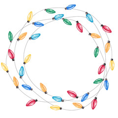 Watercolor Christmas lights. Colorful festive garlands. Hand drawn round frame illustration for cards, posters, prints and other design.