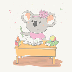 Wall Mural - Lovely cute koala girl sits at a school desk with pencil and books. Series of school children's card with cartoon style animal.