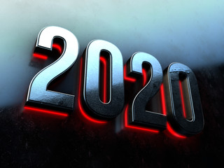 Wall Mural - 2020 new year on metal plate with red lights 3D render